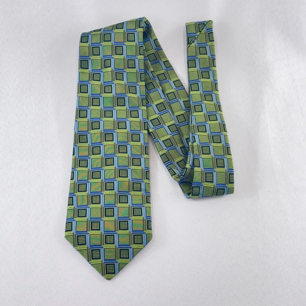 T. Harris London Necktie Mens OS Green Blue Geometric Square Modern Preppy